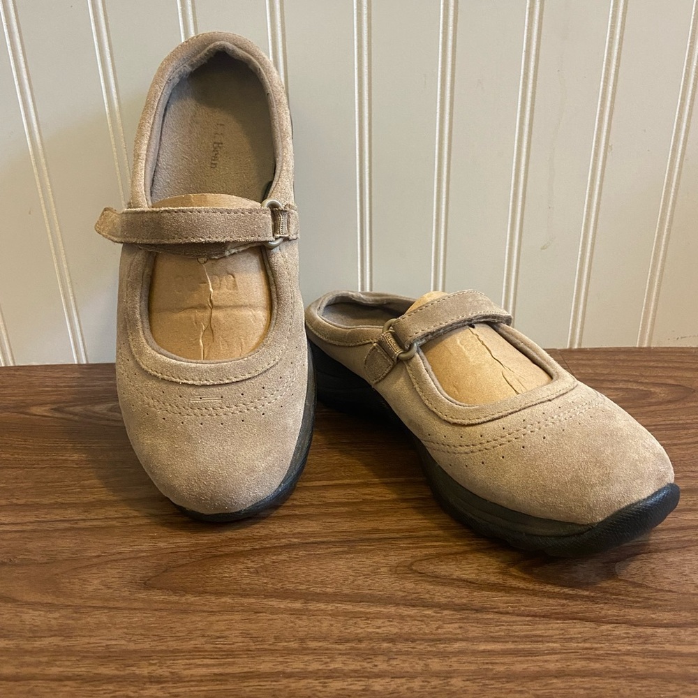 L.L. Bean Suede Slip On Mary Jane Mules Beige Taupe Comfort Shoes Size 7.5